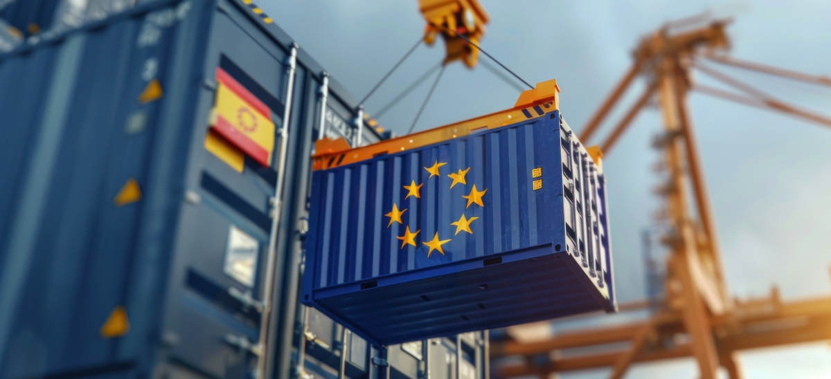 Container mit Europäischer Flagge wird von einem Kran gehalten.